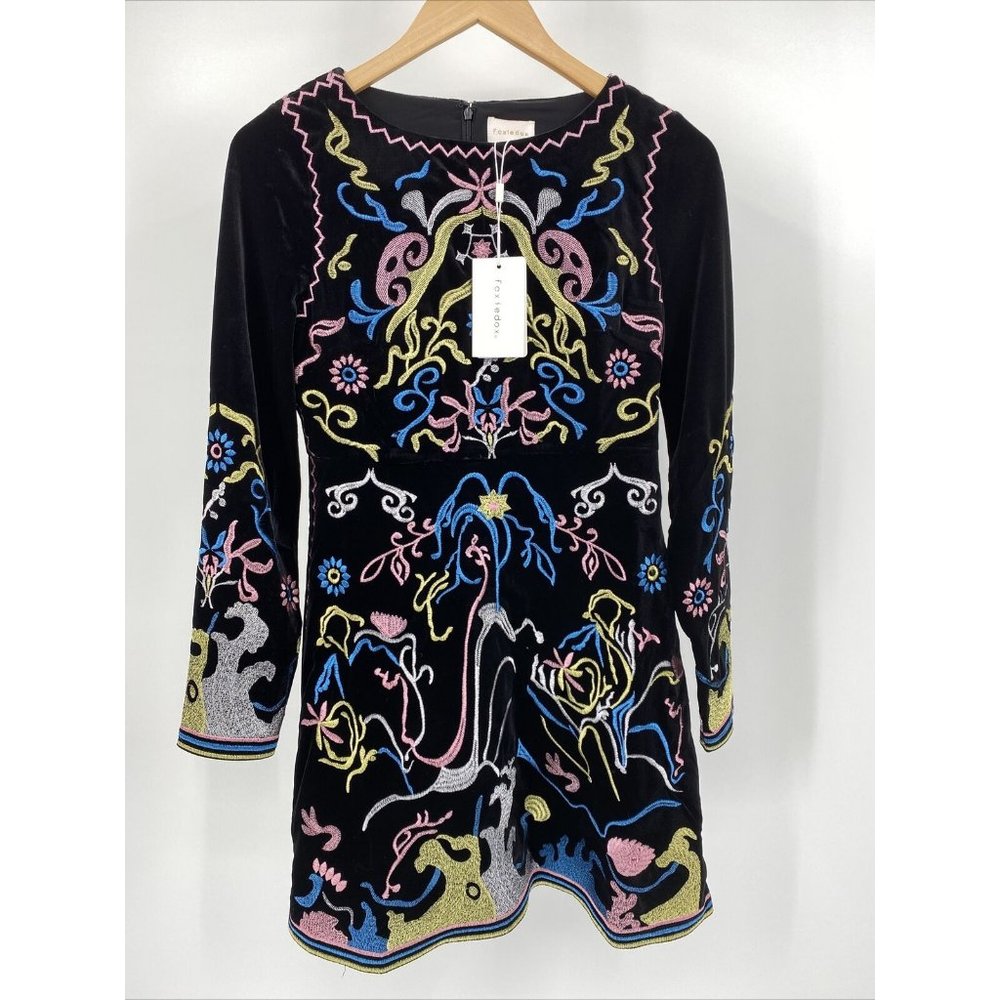 Anthropologie Foxiedox Fuji Black Velvet Embroidered Dress Size 4